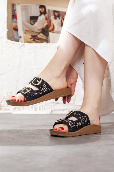 Melek Tuna Ayakkabı & Çanta Double Buckle Soft Sole Casual Slippers, Rhinestone Slippers, Light and Comfortable Slippers