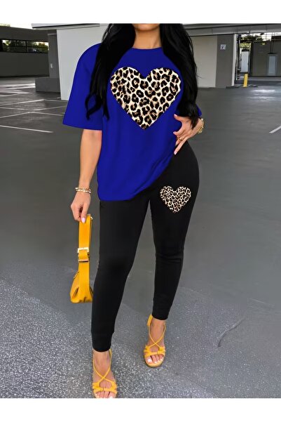 WOODROFFE Women's Leopard Heart Printed Oversize T-Shirt Leggings Set Loose C...