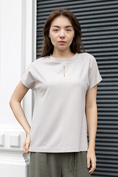 Jument Women's Silky Soft Fabric Wide Crew Neck Tshirt Blouse with Front Wind...