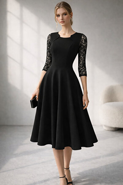Deafox Black Sleeves Lace Detail Pleated Midi Length Crepe Fabric Dress