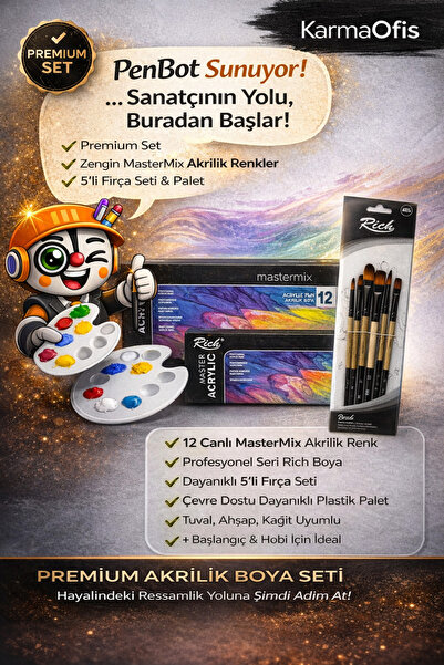 KarmaOfis Premium Akrilik Boya Seti 12’li MasterMix + 5’li Fırça + Palet | Pr...