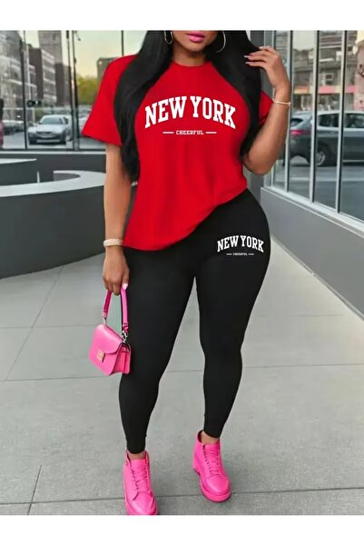 WOODROFFE Women's Newyork Printed Oversize T-Shirt Leggings Set Loose Combina...