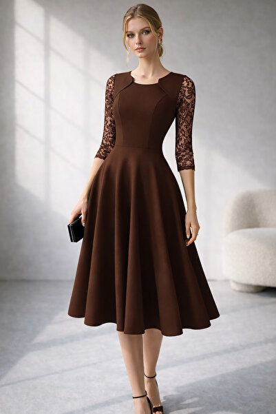 Deafox Brown Sleeves Lace Detail Pleated Midi Length Crepe Fabric Dress