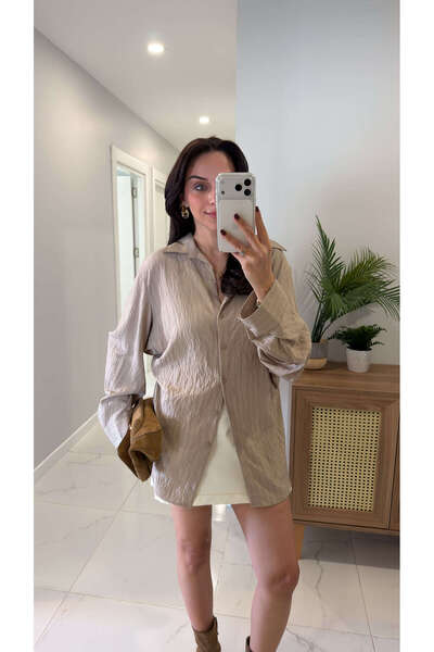 BİRCANÇİL Veros Beige Striped Asymmetrical Cut Shirt