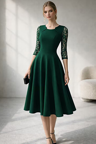 Deafox Zümrüt Yeşili Kolları Dantel Detay Pileli Midi Boy Krep Kumaş Elbise