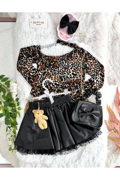 ÖZSEMODA Leopard Neck Detail Body Leather Skirt Set with Bag and Teddy Bear