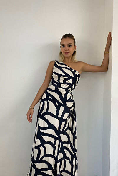 Grtrend Tek Omuz Bel Dekolteli Desenli Elbise