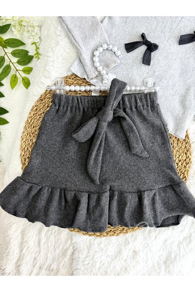 ÖZSEMODA Gray Bow Detail Blouse with Bag and Ruffled Skirt Set