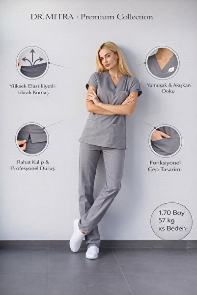 Dr. Mitra Uniformă unisex din Lycra gri pentru asistentă medicală, costum chi...