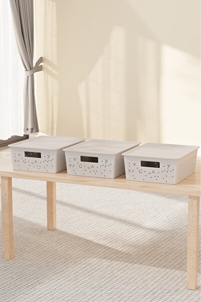 Bayev Grid White 3 Pieces 12 Liter Organizer Box with Lid - In-Cabinet Organi...