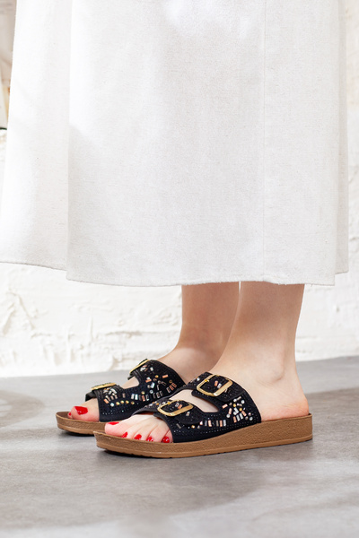 Melek Tuna Ayakkabı & Çanta Double Buckle Soft Sole Casual Slippers, Rhinestone Slippers, Light and Comfortable Slippers