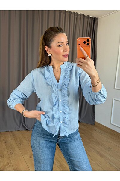 Size Özgü Mavi Ön Fırfır Detaylı Gömlek