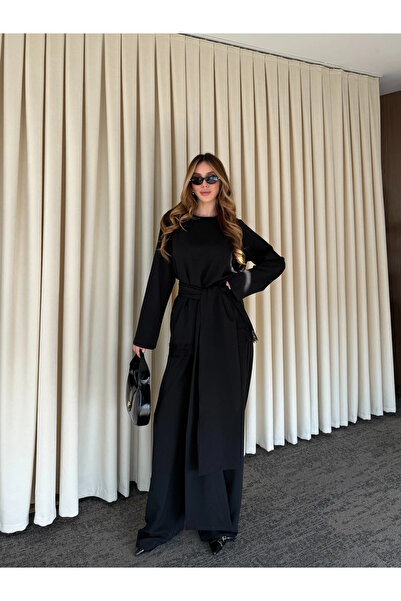 Laluvia Black Belted Lace Detailed Blouse and Trousers Set - 8006