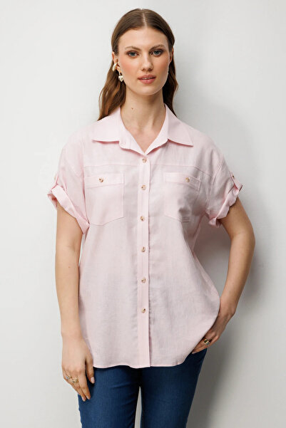 Ekol Women's Large Size Short Sleeve Linen Shirt 2524 Pink