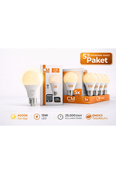 CM 15W 4000K Gün Işığı LED Ampul 5’li Paket E27 Duy Tasarruflu Uzun Ömürlü