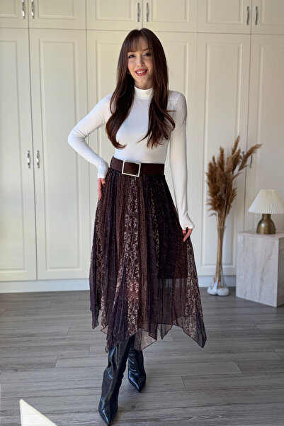 Dilay Gökoğlu Butik Karışık Desenli Beli Lastikli Asimetrik Midi Etek