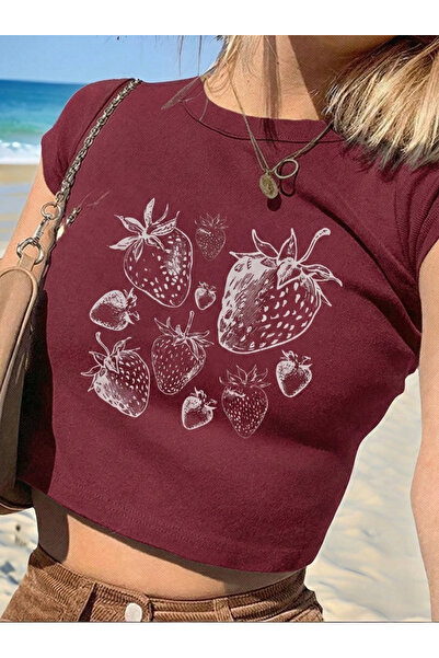 Velostra Women's Strawberry Printed Basic Daily Use Crop T-Shirt
