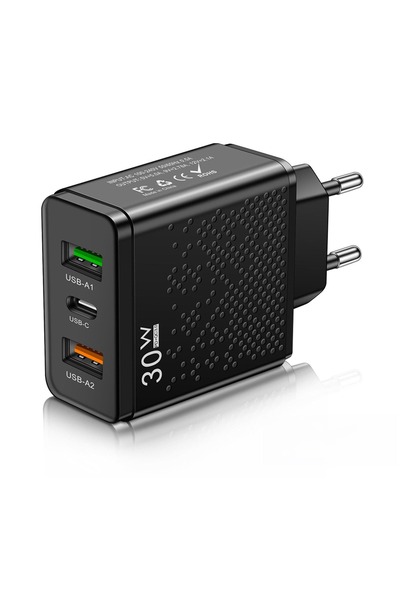Timebox 30W LED зарядно за телефон, 2 USB и PD Type-C, черно