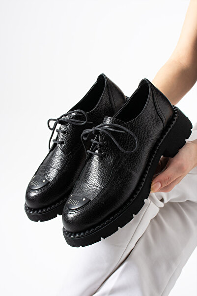 dabab shoes Ravenna Women's Black Genuine Leather Lace-Up Thick Sole Metal To...