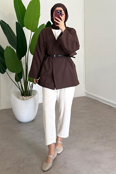 SİNDAL Deri Kemerli Kimono - Kahverengi