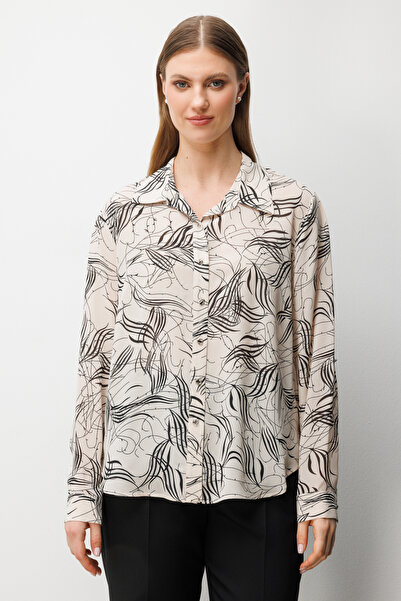 Ekol Women's Plus Size Patterned Transparent Shirt 2536 Ecru