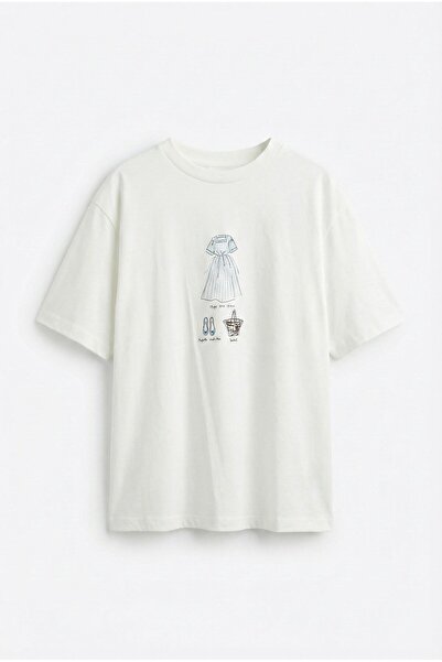 Quzu Print Detailed T-Shirt Ecru