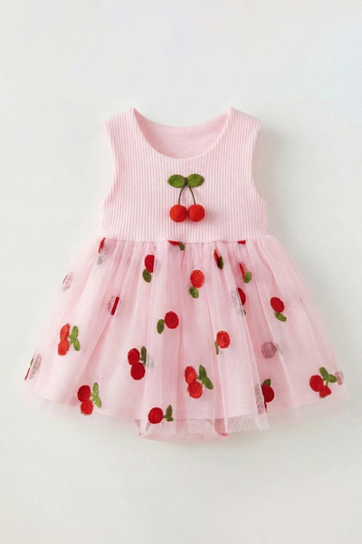 hepbaby Pembe, Kirazlı Kabarık Tütü Etekli Kız Bebek Çıtçıtlı Body Elbise