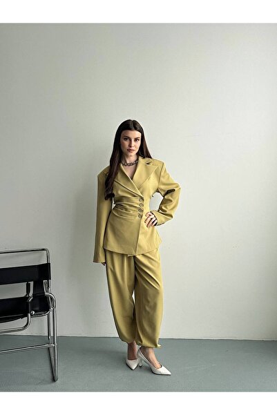 ZF BUTİK Women's Double-Breasted Collar Waist Detailed Jacket and Trousers Set