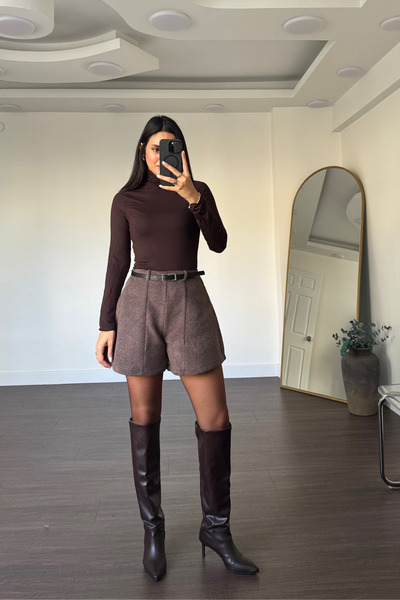 Grtrend Kemerli Kaşe Şort-K-Kahve