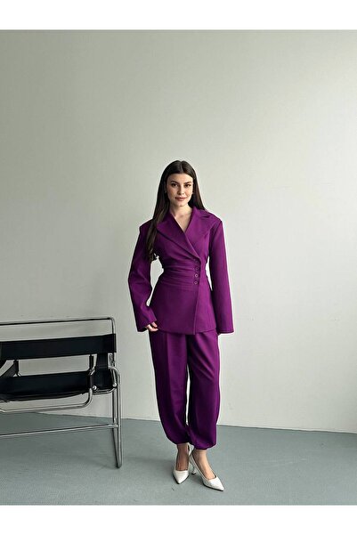 ZF BUTİK Women's Double-Breasted Collar Waist Detailed Jacket and Trousers Set