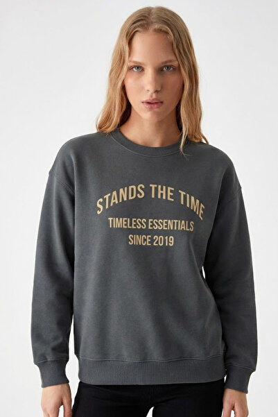 COMBİNE MİCHAİL Women's Time Text Printed Smoked Sweatshirt