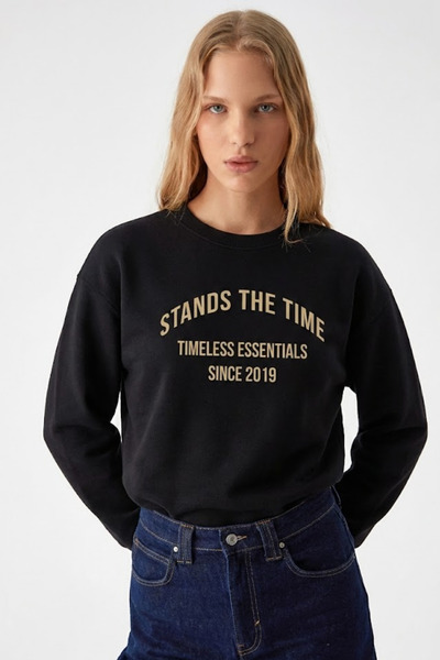 COMBİNE MİCHAİL Women's Time Text Printed Black Sweatshirt
