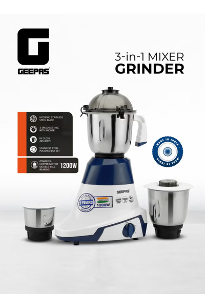 Geepas 1200W 3-In-1 Mixer Grinder | Copper Motor | 3 SS Jars (1.5L, 1.0L, 0.5...