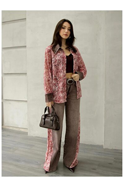 Coral Floral Tulle Detailed Denim Trousers 4599 Gray - Red