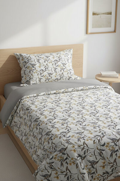 LaLiva Natural Healthy Cotton Gray Floral Single Duvet Cover Set with Elastic...