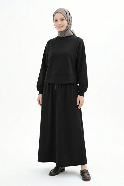 FERHEL Γυναικεία μπλούζα με στρογγυλή λαιμόκοψη και μακριά φούστα σε μαύρο χρώμα