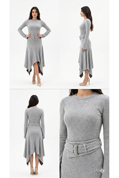 Paw Garage Women's Cherry Thessaloniki Fabric Belt Detailed Asymmetrical Dress