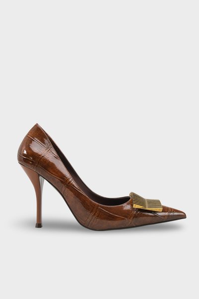 LOJO Women's Stiletto Pointed Toe Gold Buckle Detail Casual Heeled Shoes Corso Coffee Croco