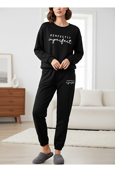 ship master Perfectly Imperfect Printed Black Women's Tracksuit Set 100% Cotton