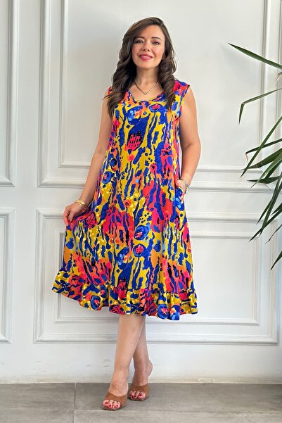 yb yağmur butik V-Neck Sleeveless Ribbed Skirt Hem Ruffled Viscon Dress