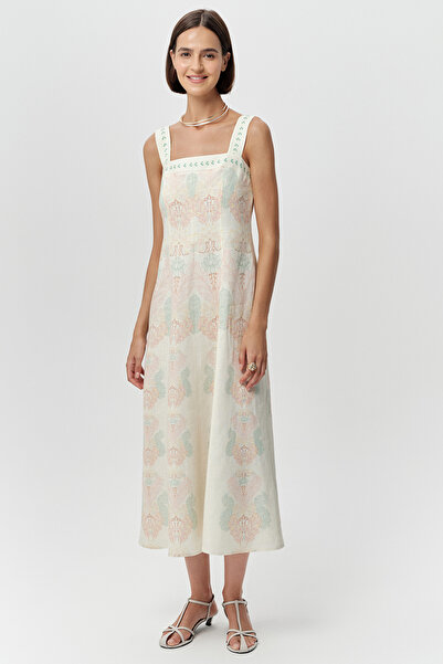 Exquise Bele Oturan Fermuarlı Keten Regular Midi Elbise