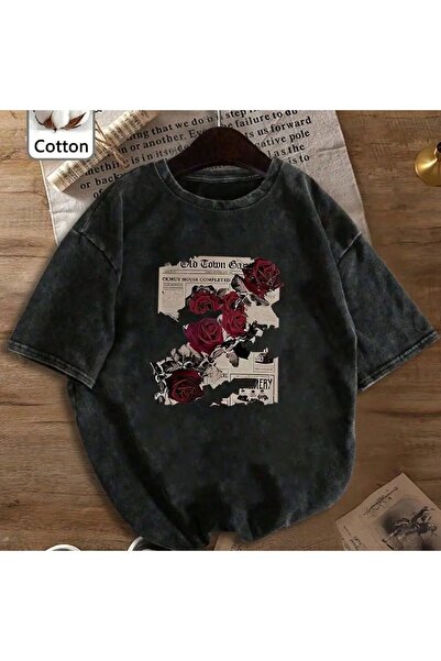 Mella&Co Füme Yıkamalı Oversize T-shirt Japon Samuray Kedi Baskılı Vintage St...