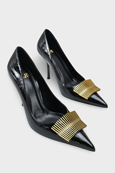 LOJO Women's Stiletto Pointed Toe Gold Buckle Detailed Casual Heeled Shoes Co...