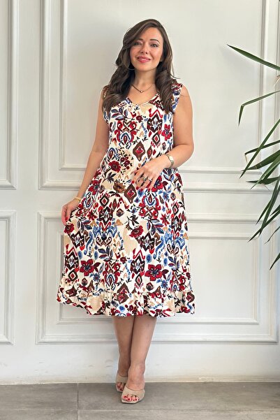 yb yağmur butik V-Neck Sleeveless Ribbed Skirt Hem Ruffled Viscon Dress