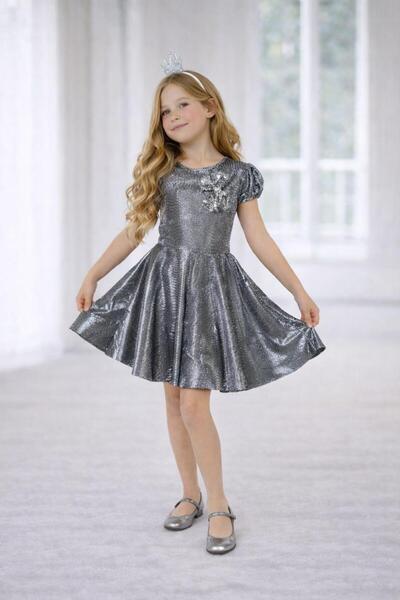 MS KİDS Kız Çocuk Elbise Fiyonklu Gold Gümüş Doğum Günü Gösteri Kıyafeti