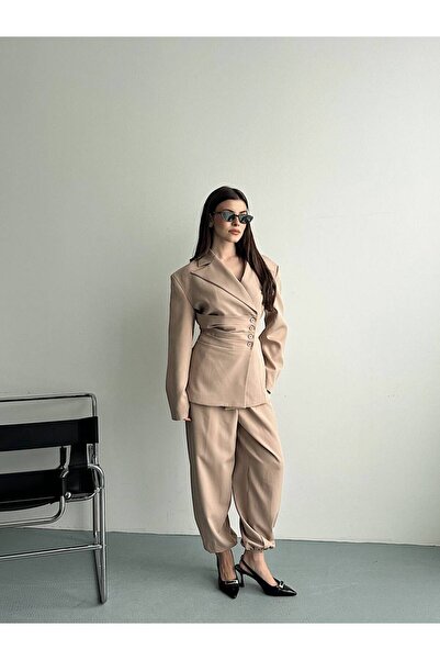 ZF BUTİK Women's Double-Breasted Collar Waist Detailed Jacket and Trousers Set