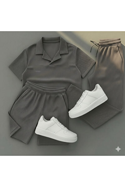 thefun fashion طقم تي شيرت وشورت رجالي من القماش العثماني المنسوج بفتحات تهوي...