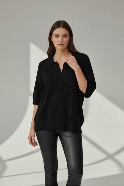 Forest Polo Collar Openwork Short Sleeve Slim Knit Sweater