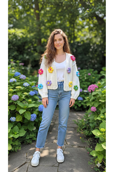 örgü Hüma Natural Hand Knitted Floral Mohair Cardigan