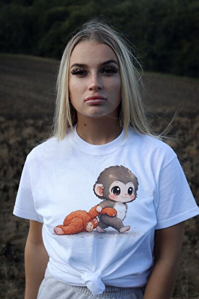 HER ŞEY NOTA www.herseynota.com Tricou alb pentru femei cu model Punch Monkey...